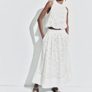 NWT ZARA WHITE EMBROIDERED EYELET MIDI SKIRT